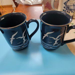 otagiri Japan coffee tea mug the sea seagulls blue nautical gold rim vintage